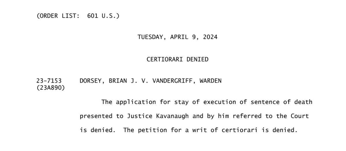 #BREAKING: Supreme Court denied a stay of execution to Brian Dorsey. There is now nothing stopping his lethal injection in Missouri tonight. Dorsey argued his trial lawyers had no incentive to save his life, given how they were paid. themarshallproject.org/2024/04/03/exe… h/t @ultracasual