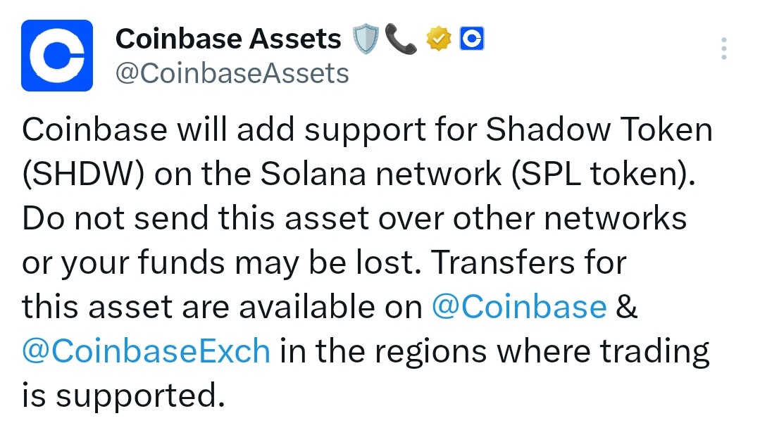 🌠Coinbase, Shadow Token'i (#SHDW) listeleyeceğini duyurdu. $SHDW