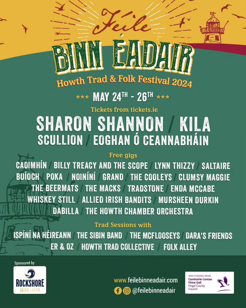 FEILE BINN EADAIR From 24th-26th May 2024, supported by the @Fingalcoco Headliners include Sharon Shannon, Scullion, Kila, Eoghan O' Ceannabhain plus lots more free gigs to enjoy. For more information & to see the full programme, go to the link below feilebinneadair.com