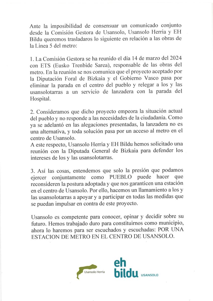 Usansoloko EH Bildu eta Usansolo Herriaren komunikatua L5 Metroko proiektuaren harira:
<a href="/ehbilduusansolo/">ehbilduusansolo</a>