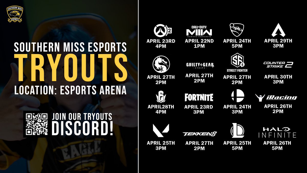 Tryouts are One Week Away! Tryouts will be hosted in our Esports arena and on our tryout Discord! Tryouts are from April 22-30th! Make sure you don't miss the opportunity to compete alongside our teams!

#SMTTT #LOCKIN #GETACTIVE