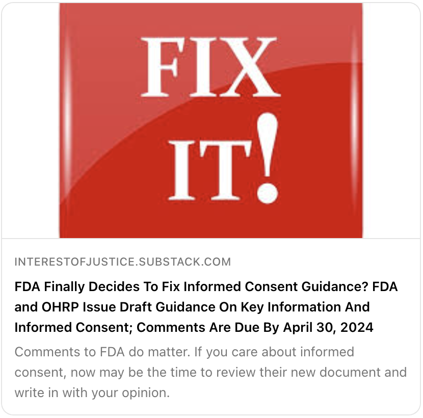 ⚖️💥 FDA Finally Decides To Fix Informed Consent Guidance? FDA and OHRP Issue Draft Guidance On Key Information And Informed Consent; Comments Are Due By April 30, 2024 #StopCrimesAgainstHumanity #StopCovidVaccinesNow #StopGlobalCensorship #StopAgenda2030