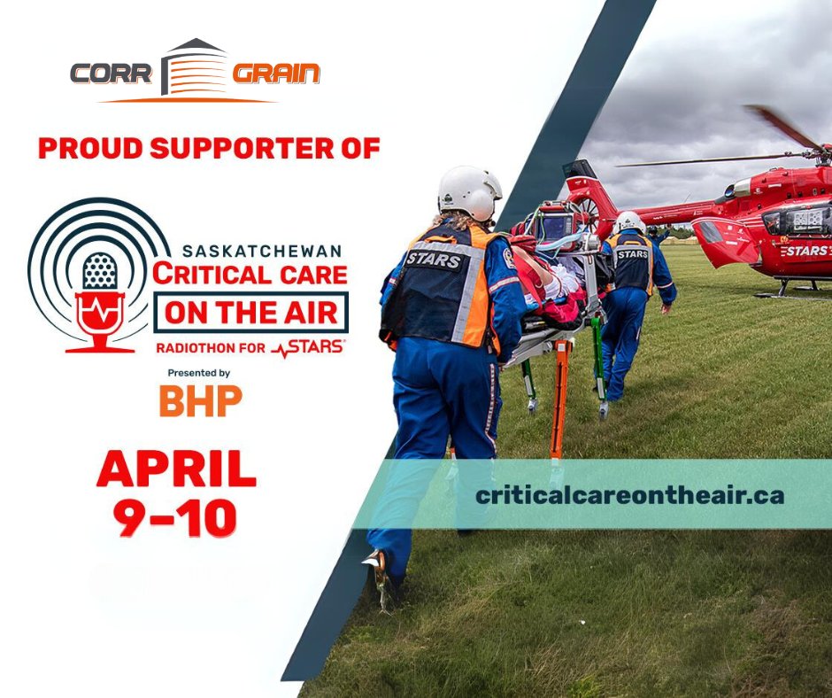 CorrGrain's tweet photo. Join us in supporting a life-saving cause! CORR Grain is proud to sponsor the STARS Critical Care on the Air Radiothon. Tune in today and tomorrow to hear inspiring stories and learn about STARS' vital work in Saskatchewan. #STARScareontheair #SupportSTARS #CORRGrain https://t.co/0OcOZ0Vpzh
