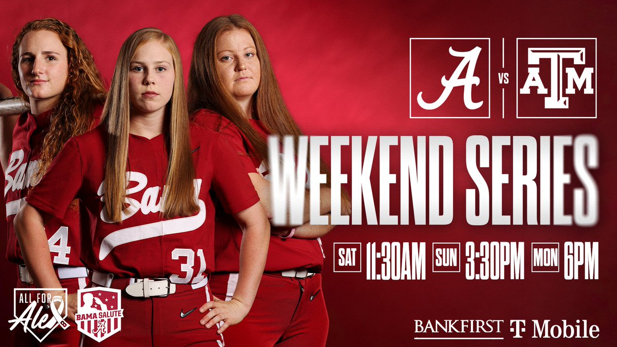 .@AlabamaSB is turning up the heat in Rhoads this weekend with a Top-20 matchup! 🔥 🆚 Texas A&M ⏰ Saturday, Sunday, & Monday 📍 Rhoads Stadium 🎟 bit.ly/3VR7jgU #RollTide | @AlabamaSB