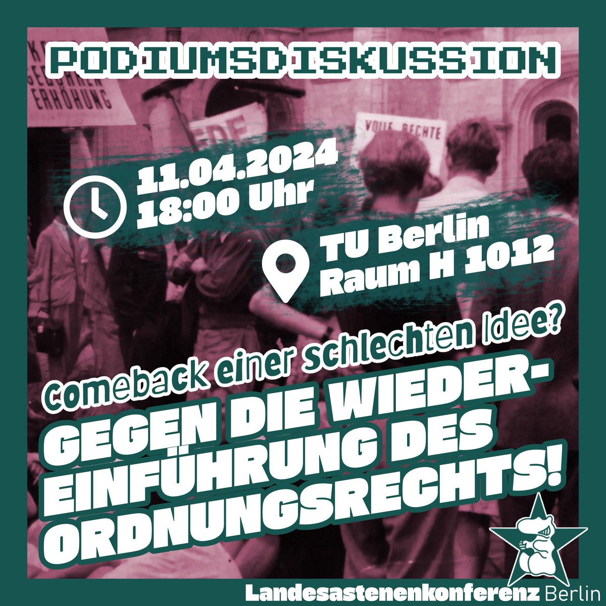 LAK Berlin (@berlin_lak) on Twitter photo Gegen einen Eingriff in die Freiheit der Studierenden!
Am 11.04. um 18.00 Uhr veranstalten wir eine Podiumsdiskussion mit u.a. <a href="/GeraldineR76081/">Noname</a>, <a href="/Tobias_Schulze/">Tobias Schulze</a> und <a href="/LuSt_Referat/">Referat für Lehre und Studium</a> über die Wiedereinführung des Ordnungsrechts.
Kommt vorbei! Gegen einen Eingriff in die Freiheit der Studierenden!
Am 11.04. um 18.00 Uhr veranstalten wir eine Podiumsdiskussion mit u.a. <a href="/GeraldineR76081/">Noname</a>, <a href="/Tobias_Schulze/">Tobias Schulze</a> und <a href="/LuSt_Referat/">Referat für Lehre und Studium</a> über die Wiedereinführung des Ordnungsrechts.
Kommt vorbei!