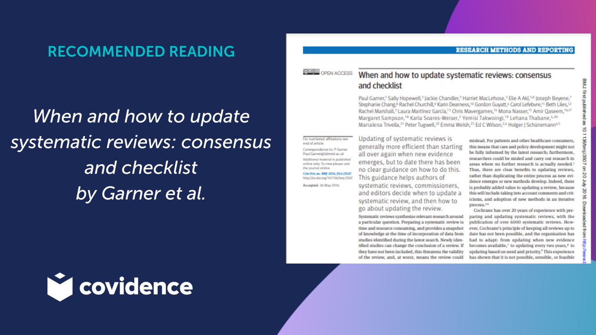 Guidance for updating systematic reviews: A consensus checklist. This resource helps authors, commissioners, and editors decide when and how to update reviews, ensuring healthcare decisions are based on the latest research. bit.ly/42LfFZ2 #Covidence #SysReviews