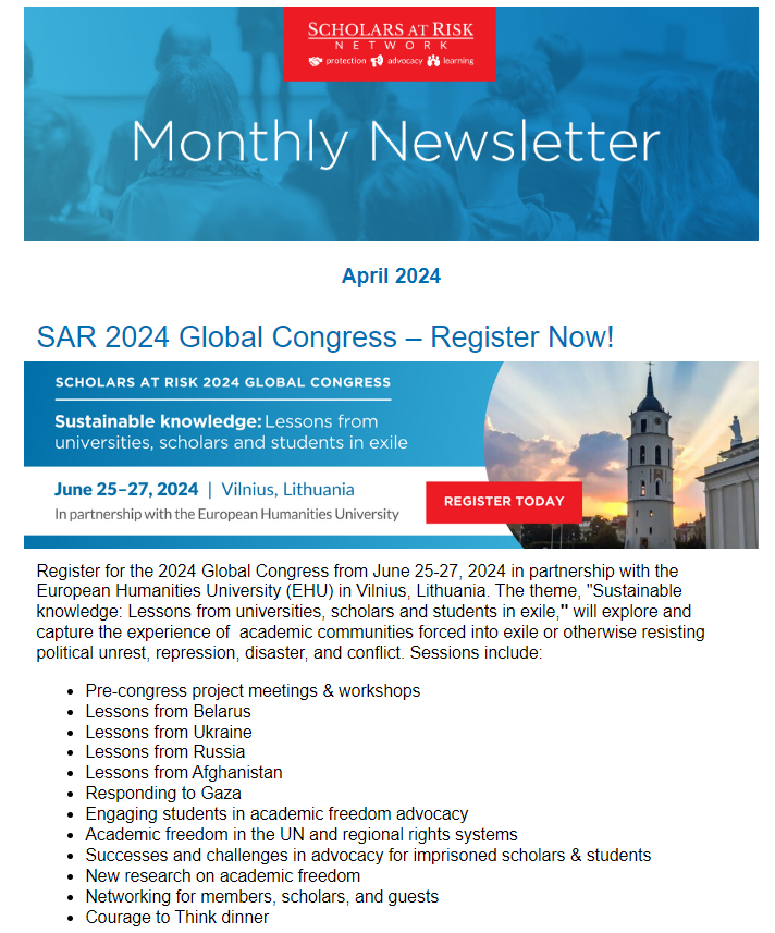 In our April newsletter, we share program updates for SAR's 2024 Global Congress, encourage nominations for SAR's 2024 Courage to Think Award by April 15, and celebrate the release of conservationist Niloufar Bayani from Evin Prison in Iran. Read here: ow.ly/E6BR50Rbw9g