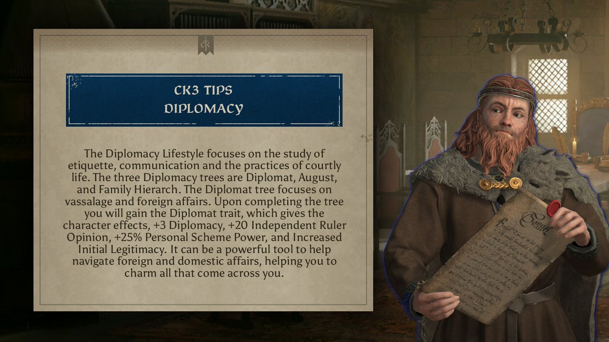 #CK3Tips - Diplomacy 📜 Diplomacy enables you to navigate the perilous waters of social interactions. Learn more about the Diplomacy Lifestyle and the Legends of Crusader Kings III here: pdxint.at/LoCKIII #LoCK3