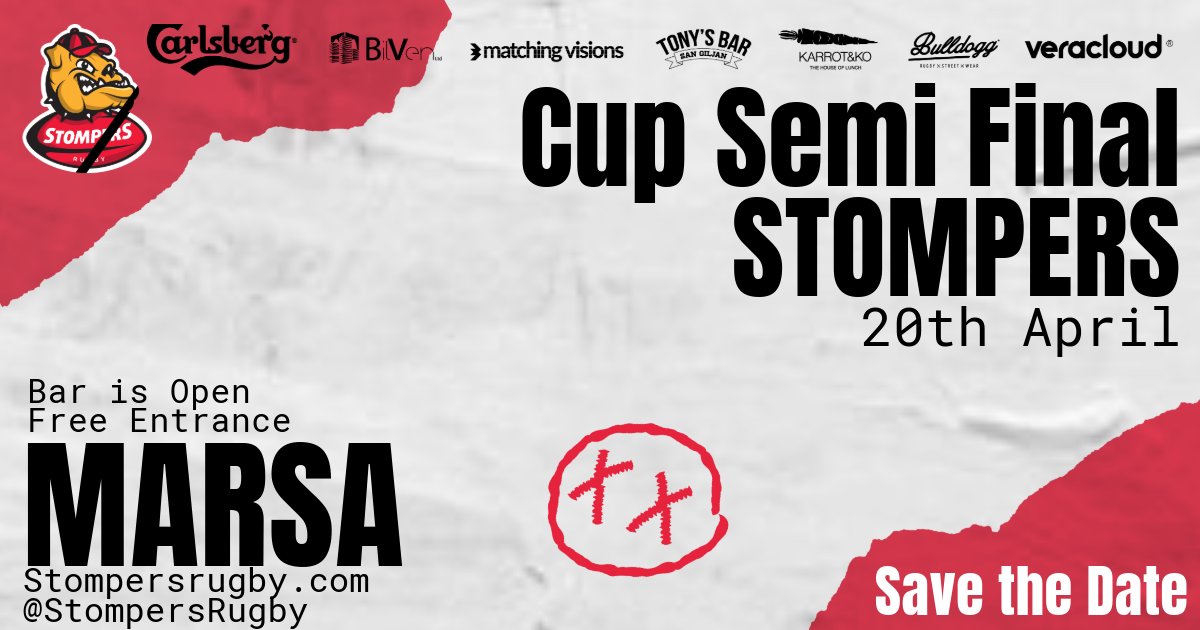 Cup Semi-Final with Stompers facing Overseas. Catch this intense matchup with free entrance. Drinks and food will be available at the bar, ensuring you have the perfect match-day experience. 

20th of April kickoff at 15:00 
Marsa Ground