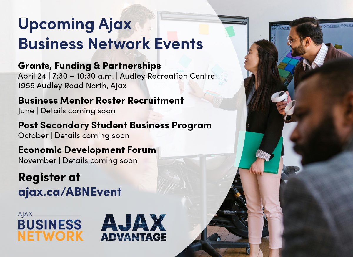 Check out the exciting list of Ajax Business Network events lined up for 2024 🤝

Register for the Grants, Funding &amp; Partnerships event ➡️ ajax.ca/ABNEvent

✔️ Subscribe to the Ajax Advantage newsletter at ajax.ca/Business for information on future Ajax Business