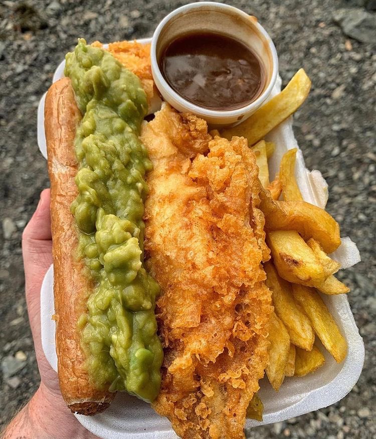 Fish, Sausage, Chips, Mushy Peas and Gravy