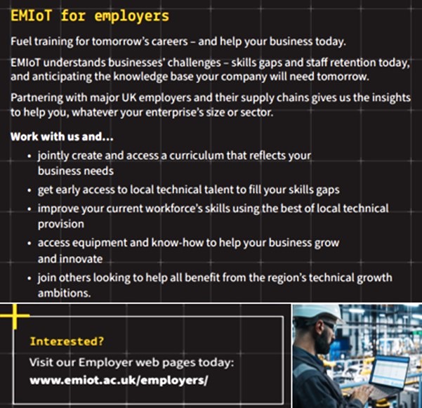 A #manufacturing #business in #EastMidlands & dealing with #skillsgaps & #staffretention ?  
At @EastMidlandsIoT we're working with #businesses like yours to make #technicalskills better - emiot.ac.uk/employers/

@MakeUK_ @madeinthemids @gtma1 @mta_uk @BEAMAUK @eia_official_uk