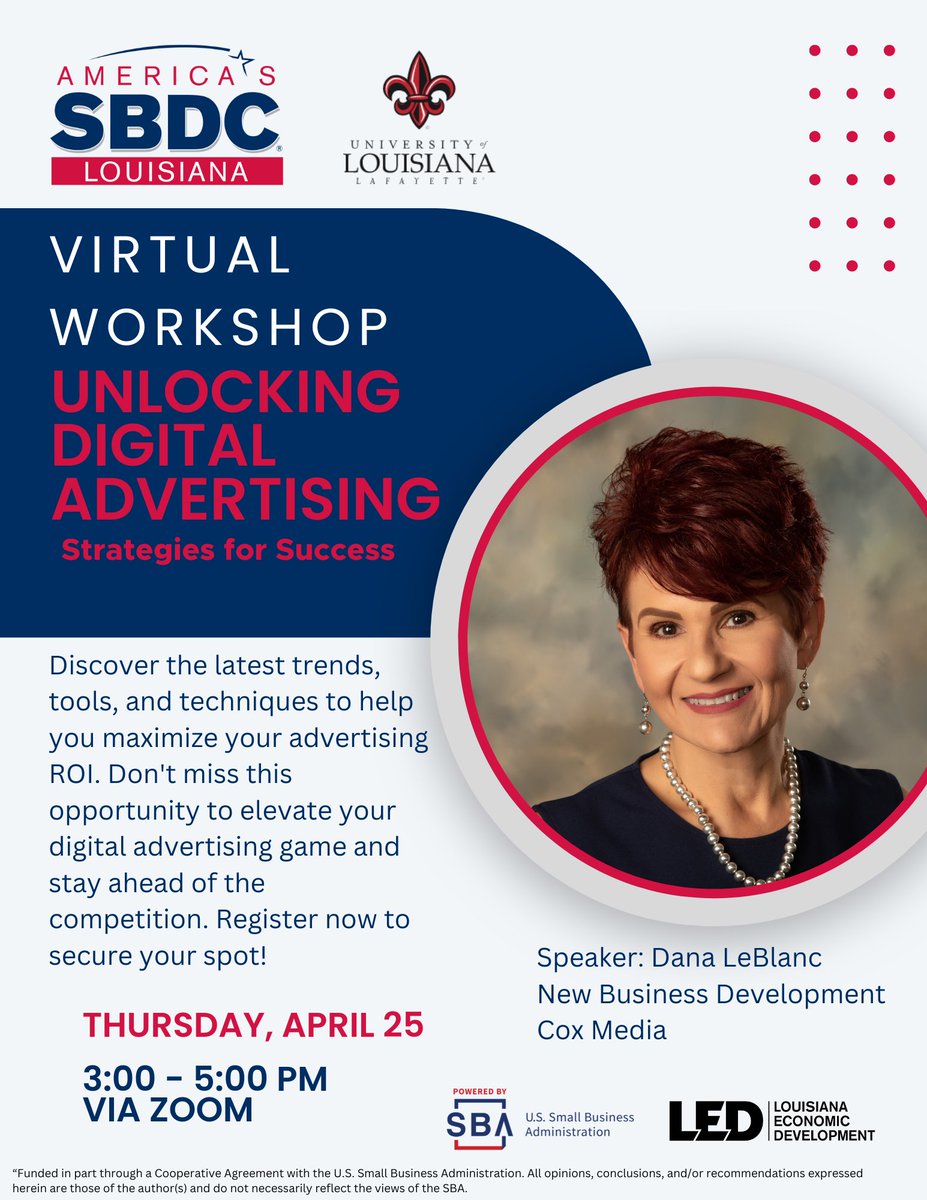 LSBDCUL's tweet photo. Join us for an engaging webinar where we delve into the dynamic world of digital advertising. Don't miss this opportunity to elevate your digital advertising game and stay ahead of the competition. Register now to secure your spot! https://t.co/lRpm9ApzHq