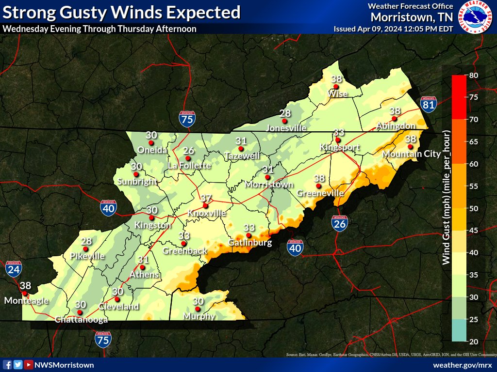 In addition to the anticipated showers and thunderstorms, strong gusty winds are expected across the region Wednesday evening through Thursday afternoon.