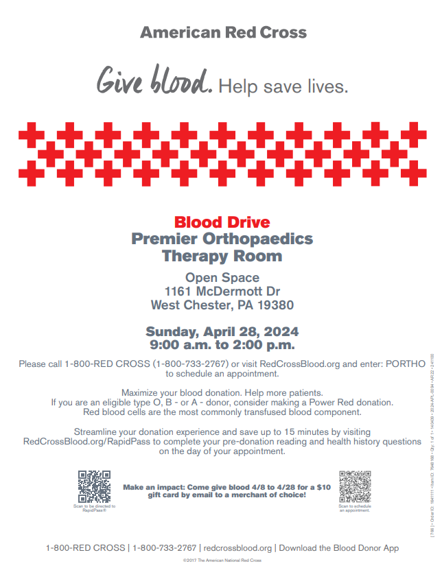 Premier Physical Therapy and the American Red Cross are hosting a blood drive on Sunday, April 28 from 9am-2pm at West Chester PT. Read the flyer below for more info! ♥️ Give Blood. Help save lives!
#blooddrive #giveblood #helpsavelives #americanredcross