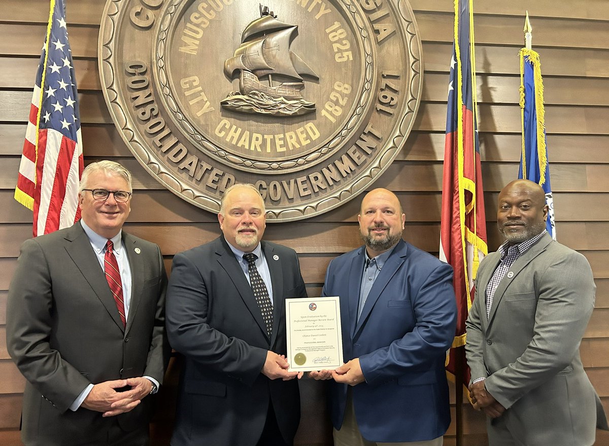 GEMA/HS Field Coordinator, Jason Ritter, presented Columbus-Muscogee EMA Director, Chance Corbett, with his Professional CEM at their City Council meeting. Mayor of Columbus, Skip Henderson, and Columbus-Muscogee Deputy EMA Director, Quincy Preer, were also in attendance.