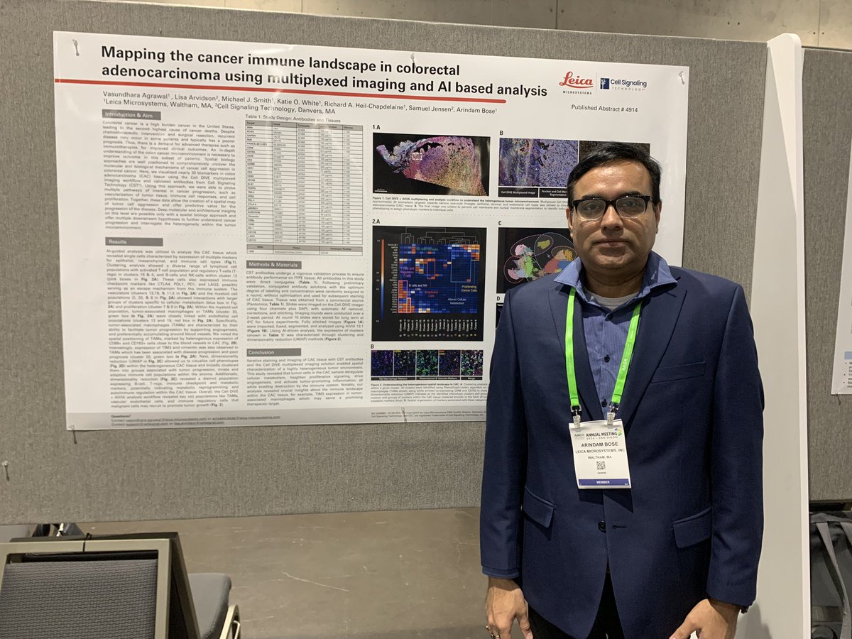 Good morning #AACR! Kicking off day 3 w/our 2nd poster presentation, “Mapping the Cancer Immune Landscape in Colorectal Adenocarcinoma Using Multiplexed Imaging & AI Based Analysis” Come talk to Arindam Bose at section 36, board 10 to find out more! @LeicaMicro