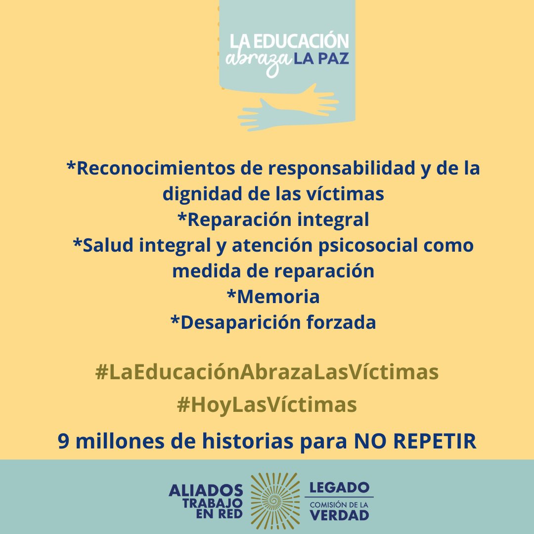 #HoyLasVíctimas En el Día Nacional de la Memoria y Solidaridad con las Víctimas, invitamos a la sociedad a reflexionar sobre la importancia de la implementación de las #Recomendaciones de la @ComisionVerdadC para su atención integral. #LaEducaciónAbrazaLasVíctimas🧵👇