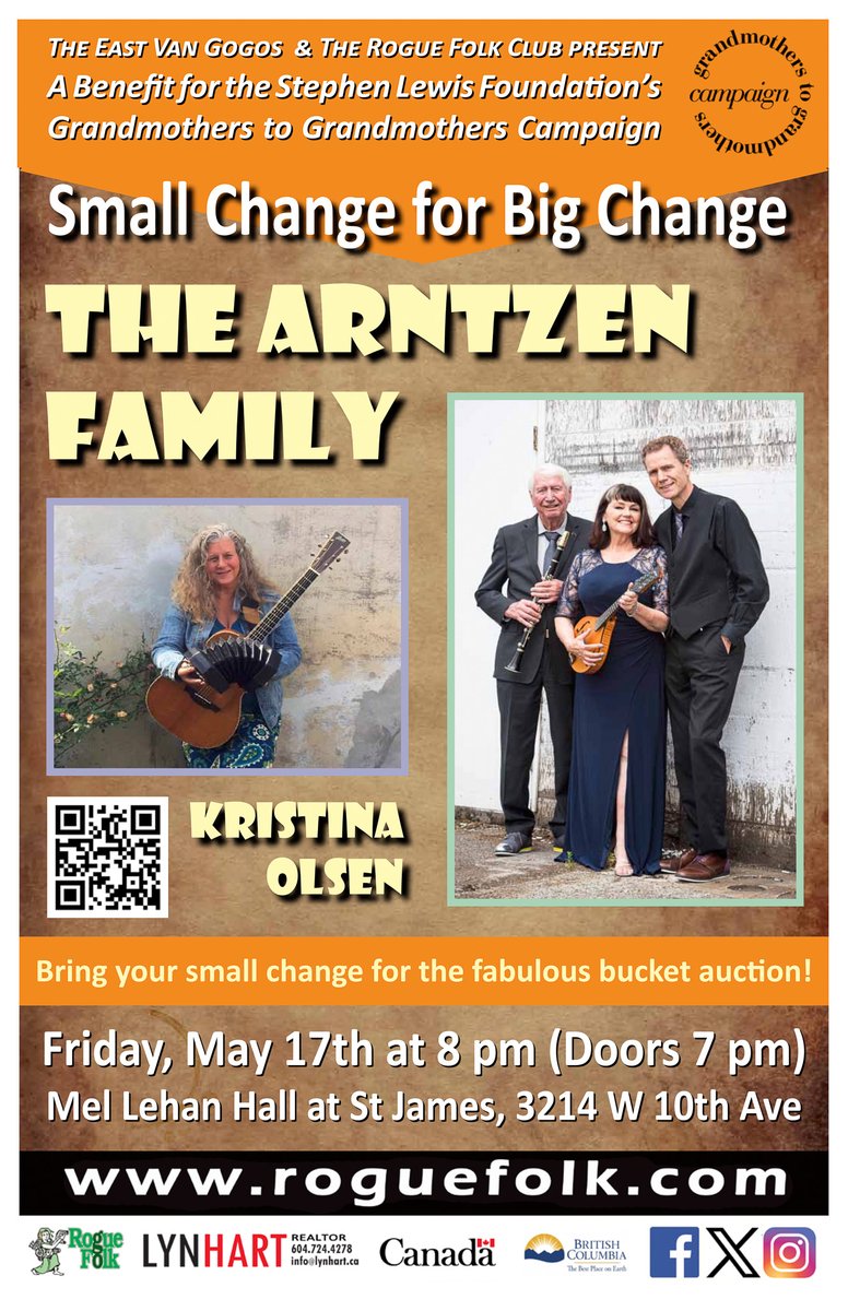 The East Van Gogo & the Rogue present a fundraiser for the Stephen Lewis Foundation. Musical guests are The Arntzen Family & Kristina Olsen. Tix $35 donation. The night includes the East Van Gogos infamous loonie auction! roguefolk.bc.ca/concerts/ev240…