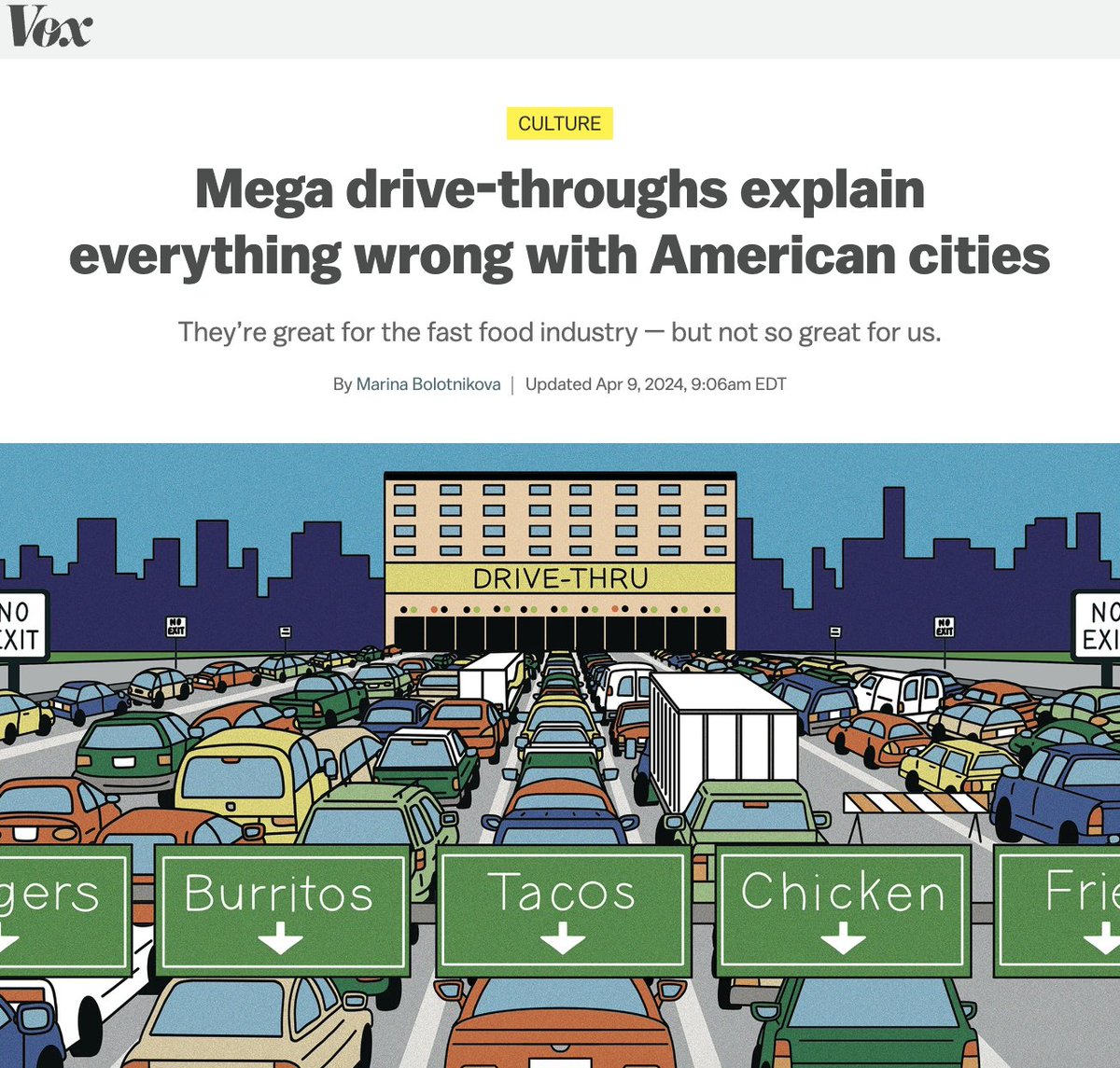 Urban drive-throughs suck. They 'worsen traffic congestion and release climate-warming air pollution from cars idling in line. They force cities to devote more land to asphalt ... and increase the chances of collisions with pedestrians and cyclists.' vox.com/the-highlight/…