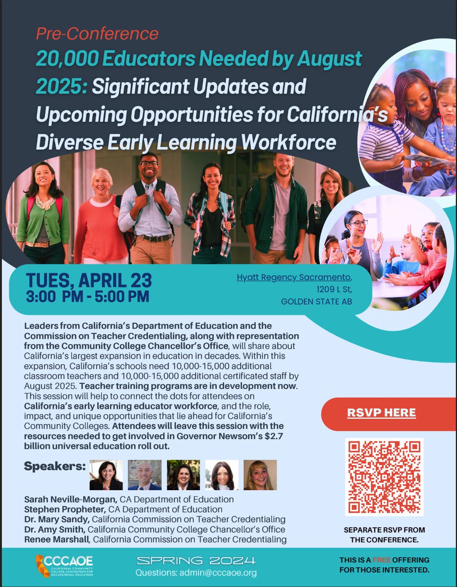 There are 5 AM and 4 PM pre-conference sessions for the Spring Conference. Must RSVP. Free with your full conference registration. 20,000 Educators Needed by August 2025... at 3:00 pm Learn more - drive.google.com/file/d/1ZVBm61… #CCCAOESpring2024 #Careers4All #ECE