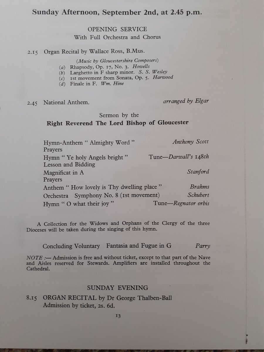 I am endlessly fascinated by @3choirs programmes from different eras. This is how the opening day of the #1956 #Gloucester Festival shaped up. @jonathanclinch views on the #Howells choice?