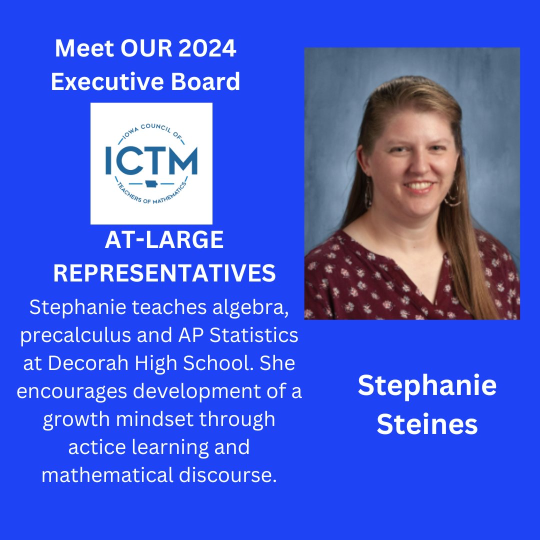 Meet Stephanie Our 2024 At-Large Representative! iowamath.org #iowamathteach #mathteach #elemmath #iteachmath #mtbos #mathcoach #iaedchat #iatlc