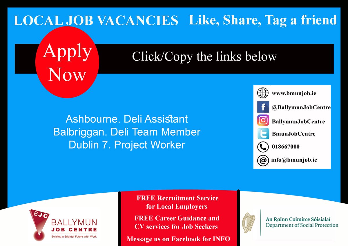 👉 Visit us at: Bmunjob.ie

Vacancies #bmunjob #jobfairy #dublinjobS
Ashbourne. Deli Assistant
centra.ie/careers/vacanc…& 
Balbriggan. Deli Team Member
applegreen-stores.rezoomo.com/job/63891/
Dublin 7. Project Worker
is.gd/wUuw2k