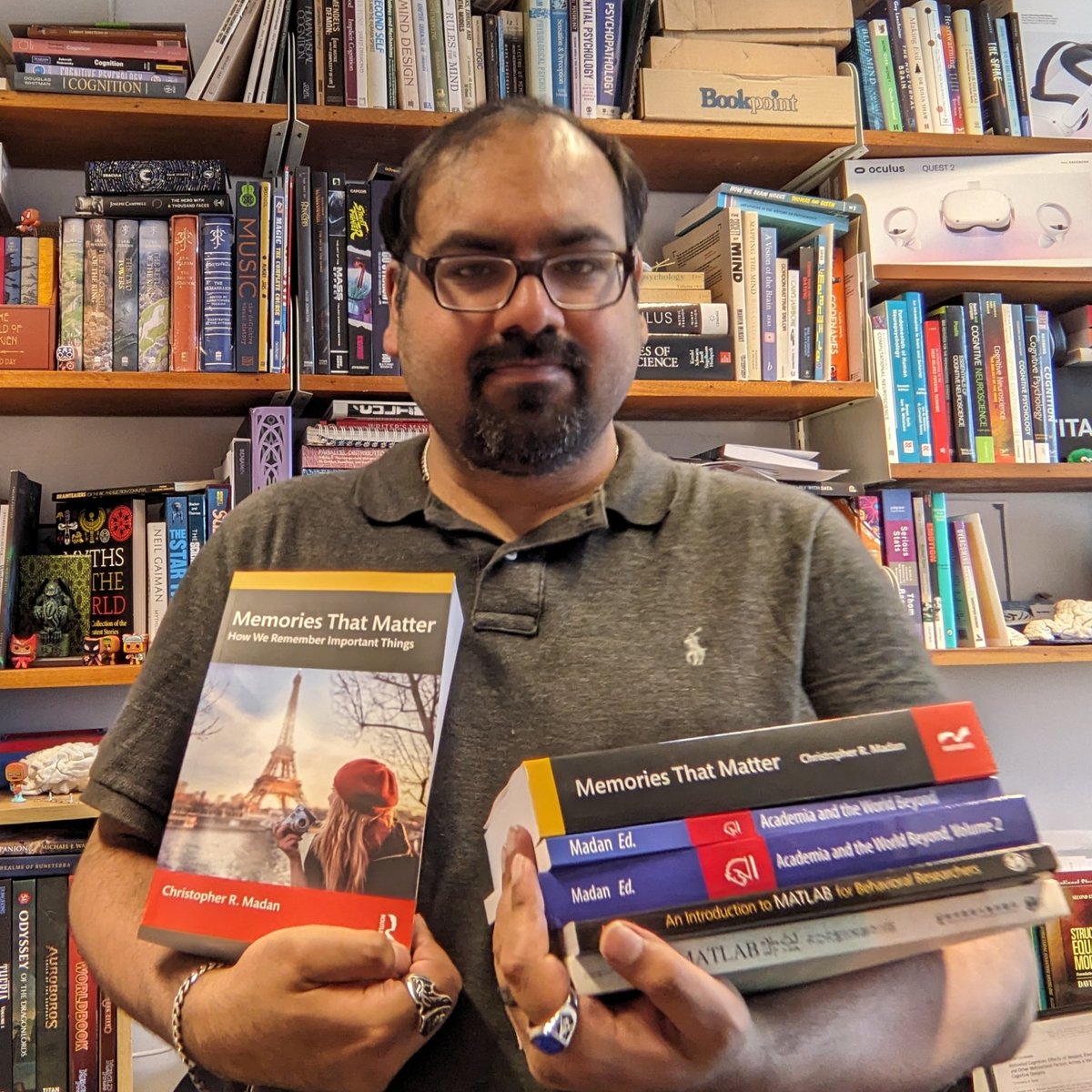 Just got my print copies of 'Memories that Matter'! Here it is alongside the rest of my collection--it's a big book. (I knew it would be, but only now can see them side-by-side.) You can find out more about it here: engra.me/books/memories…