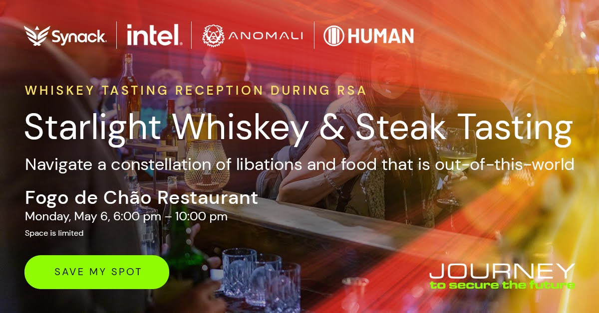 🚀 Explore a constellation of rare whiskeys and high-quality cuts of steak during #RSA with Synack and co-sponsors @SecureWithHUMAN, @intel and @Anomali. Relax and unwind in a futuristic atmosphere with a classic twist. Request a reservation now: hubs.ly/Q02shjDf0 #RSAC