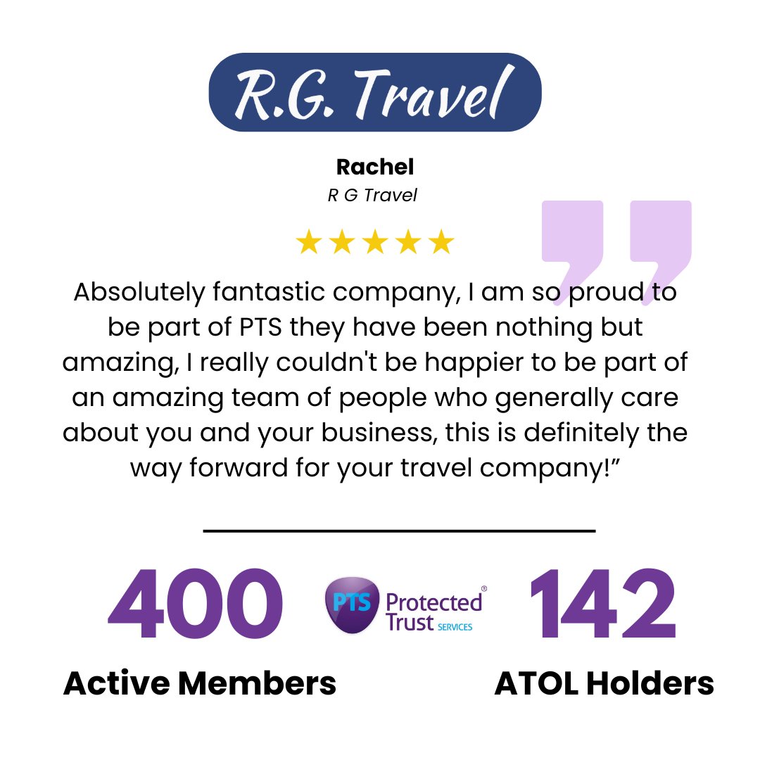Shoutout to Rachel from R.G Travel for the fantastic review! 🌟 Plus, PTS now supports 400 members & secured ATOL for 142 businesses. Onward & upward! #TravelSuccess #PTSFamily #TravelIndustry #PTSProud #LuxuryJourneys #ATOLSecurity #GlobalTravel #TravelTogether