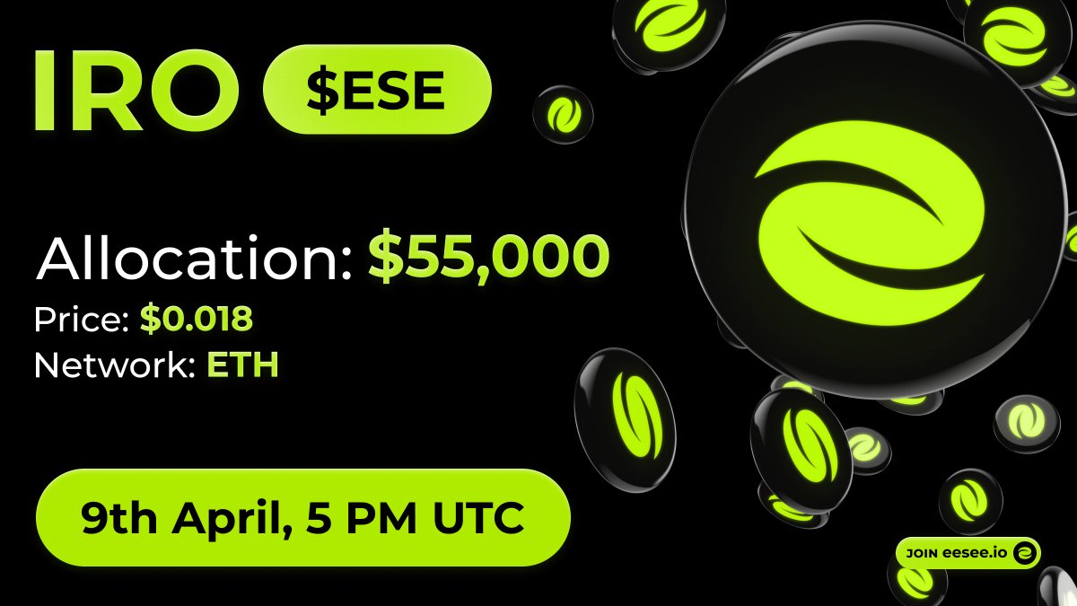 $ESE PUBLIC SALE GOES LIVE IN LESS THAN 1 HOUR 🔥 New era for Launchpads and a unique way to launch a token – IRO (Initial Raffle Offering) ✅ Join — eesee.io/explore/launch… Ticker – $ESE Network – Ethereum Allocation – $55,000 Date & Time – April 9th, 5 PM UTC (less than 1…