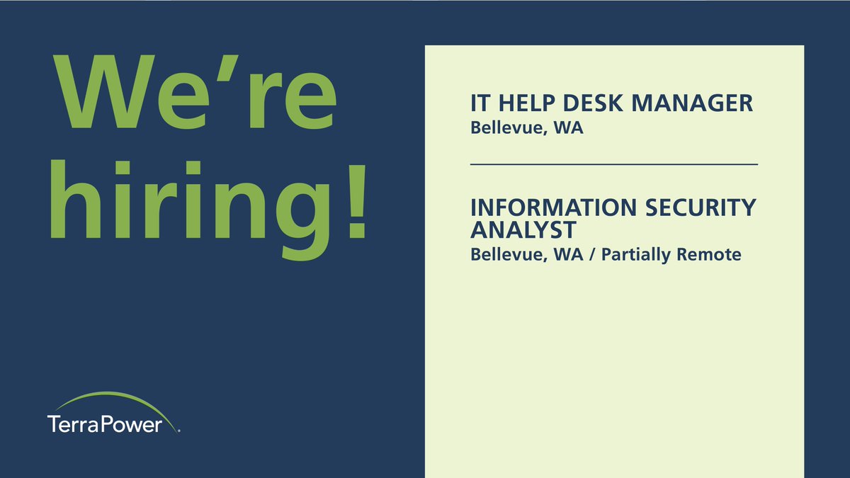 Join our team as an IT Help Desk Manager or Information Security Analyst! If you're passionate about IT support and cybersecurity, this is your moment. Apply now! #HiringNow IT Help Desk Manager: terrapower.com/contact-us/car… Information Security Analyst: terrapower.com/contact-us/car…