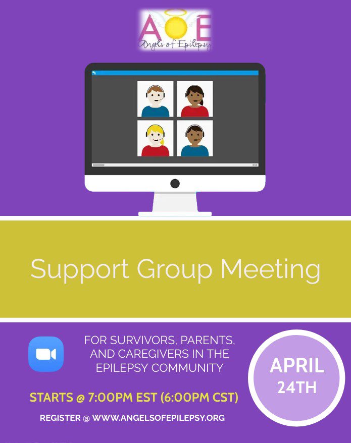 Join AOE virtual support group meeting, Wednesday - April 24th at 7:00pm EST. (6:00pm CT) This will include survivors, parents, and caregivers in the epilepsy community to ask questions, give suggestions or advice, and address any concerns. Register at: us02web.zoom.us/meeting/regist…