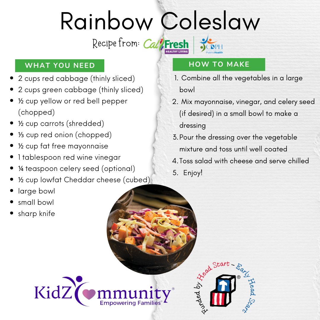 #MenuMonday - Try this rainbow coleslaw recipe from #CalFreshHealthyLiving 💜

#KidZCommunity #HeadStart #EarlyHeadStart #EarlyLearning #EmpoweringFamilies #GetAHeadStart #ComeEatWithUs #NowHiring #NowEnrolling #PlacerCounty #NevadaCounty