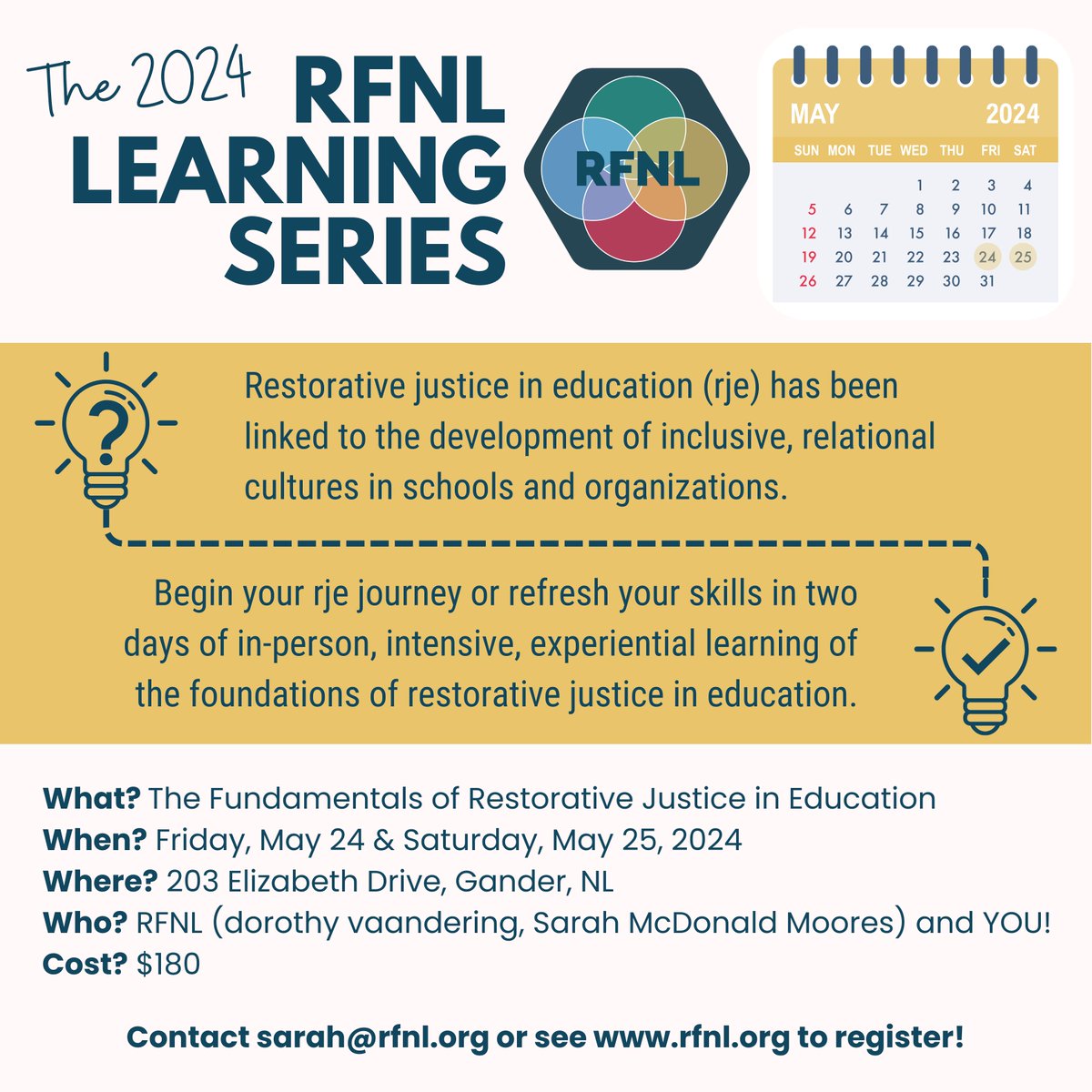 REGISTRATION IS NOW OPEN!
Join us in Gander, NL, May 24-25, 2024! #restorativejusticeeducation #professionallearning #gander #newfoundlandandlabrador #education #nlschools