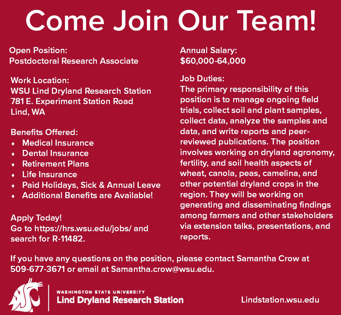 📢We're hiring!📢 We are looking for a Postdoctoral Research Associate to join our team at the WSU Lind Dryland Research Station! For more information, including how to apply, go to wsu.wd5.myworkdayjobs.com/WSU_Jobs/job/A…