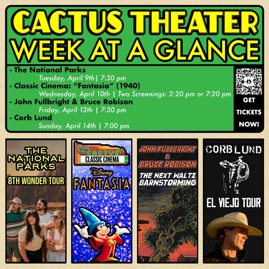 Cactus Theater Week At A Glance! Starting off TONIGHT with the Cactus debut of The National Parks! GET TICKETS NOW! 🎟 > bit.ly/3MRhFGf or cactustheater.com | #lubbock #hubcity #cactustheater #TheNationalParks #fantasia #johnfullbright #BruceRobison #corblund