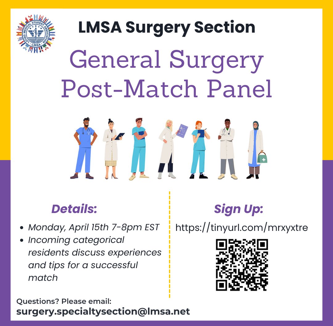 Join us for our General Surgery Post-Match Panel on Monday, April 15th from 7-8pm EST. A panel of students recently matched into categorical general surgery residency positions will discuss their experiences and tips for a successful match! Sign-up: tinyurl.com/mrxyxtre