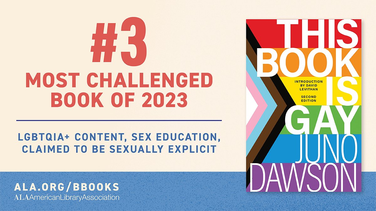 📚<a href="/ALALibrary/">American Library Association</a> has published its annual #BannedBooksList.

📢 “This Book Is Gay” by Juno Dawson was the # 3 Most Challenged Book of 2023.

👉 See the full list + find out how YOU can protect the freedom to read at ala.org/bbooks/

#bookschangelives
#NationalLibraryWeek