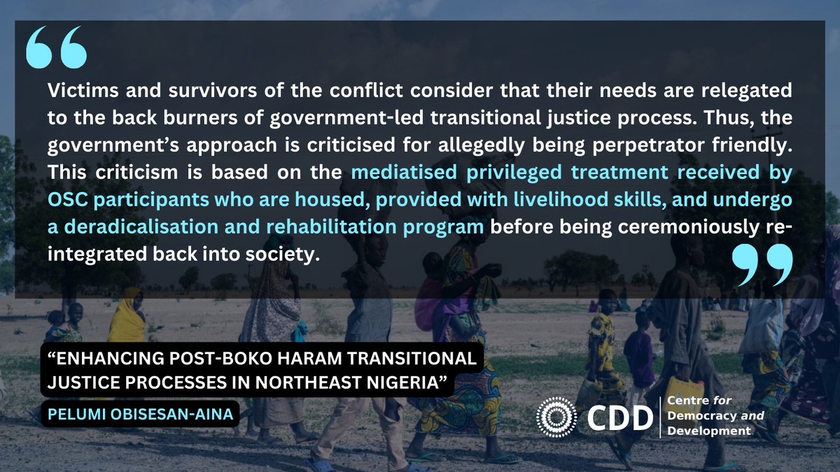 In Nigeria, Transitional Justice (TJ) plays a crucial role in addressing the Boko Haram crisis and advancing towards peace, reconciliation and healing. Read more on 'Enhancing Post-Boko Haram Transitional Justice Processes in Northeast Nigeria' cddwestafrica.org/blog/enhancing…