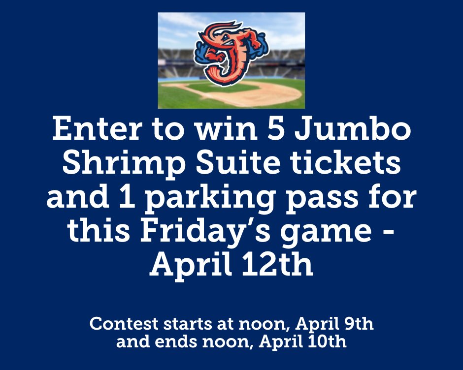 Call all Jumbo Shrimp fans! Enter to win 5 Jumbo Shrimp Suite tickets plus 1 parking pass for the April 12th game! Enter our 24-hour contest now for your chance to snag this amazing prize! To enter: binkd.co/bVu84
