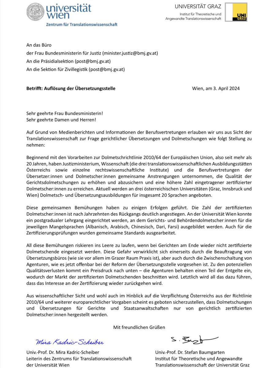 ÖVGD (@oevgd_1) on Twitter photo Stellungnahme der Translationswissenschaft zur Auflösung der Übersetzungsstelle im BMJ
Der ÖVGD bedankt sich für die Unterstützung durch die Translations-Ausbildungsstätten in Wien und Graz.
<a href="/UniVieTrans/">UniVieTrans</a> <a href="/UniGraz/">Uni Graz/University of Graz</a> Stellungnahme der Translationswissenschaft zur Auflösung der Übersetzungsstelle im BMJ
Der ÖVGD bedankt sich für die Unterstützung durch die Translations-Ausbildungsstätten in Wien und Graz.
<a href="/UniVieTrans/">UniVieTrans</a> <a href="/UniGraz/">Uni Graz/University of Graz</a>