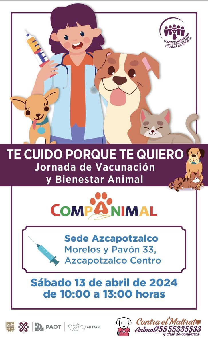 Lleva a vacunar 💉 a tu animal de compañía 🐱🐶 al @elconsejomx sede #Azcapotzalco 🐜, este sábado 13 de abril 📆. ¡Te esperamos! #TeCuidoPorqueTeQuiero ❤️ @AdoptaCDMX