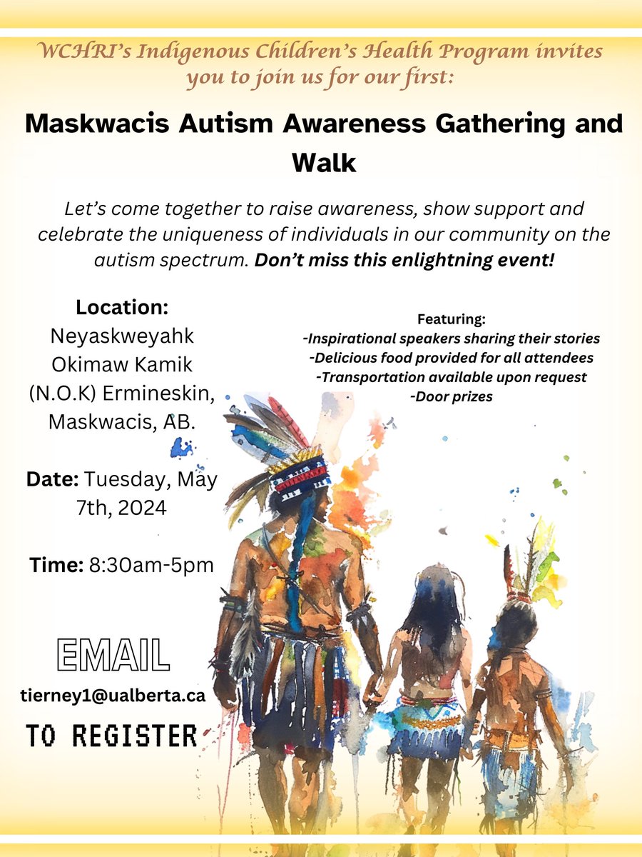 Tansi relatives, 

I am thrilled to announce the first annual Maskwacis Autism Awareness Gathering and Walk! 

Let's gather as a community, honouring the strengths of neurodiversity, and stand in solidarity with our relatives on the autism spectrum and their families.