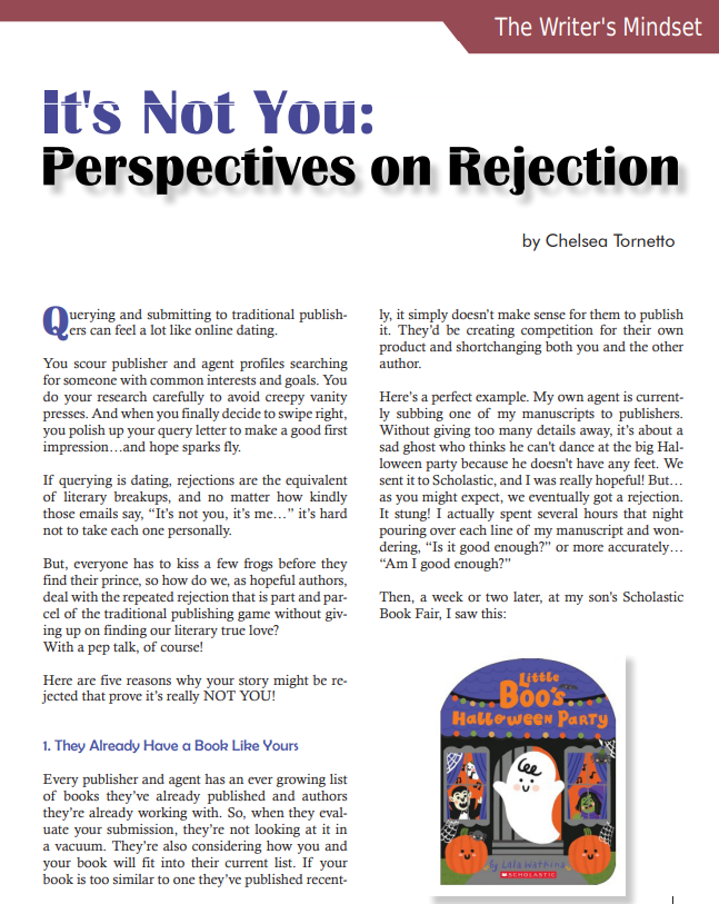Thanks to @Write4Kids for featuring my piece, 'It's NOT You: Perspectives on Rejection' in their April issue. CBI is a great resource for hopeful kid lit authors! Read the first page below, and join CBI to read the rest! cbiclubhouse.com