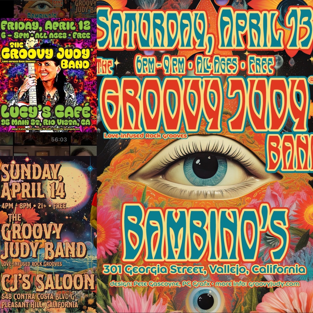 groovyjudy's tweet image. Join us for a triple dose of music and good vibes: 4/12: Lucy’s Cafe in Rio Vista, 6-8pm 4/13: Bambinos Vallejo, 6-9pm 4/14: CJ's Pleasant Hill, 4-8pm 🥰☮️❤️🎶🎸#LiveMusic #WeekendGroove! #lucyscafe #riovista #bambinosvallejo #vallejo #cjssaloon #pleasanthill #groovyjudy