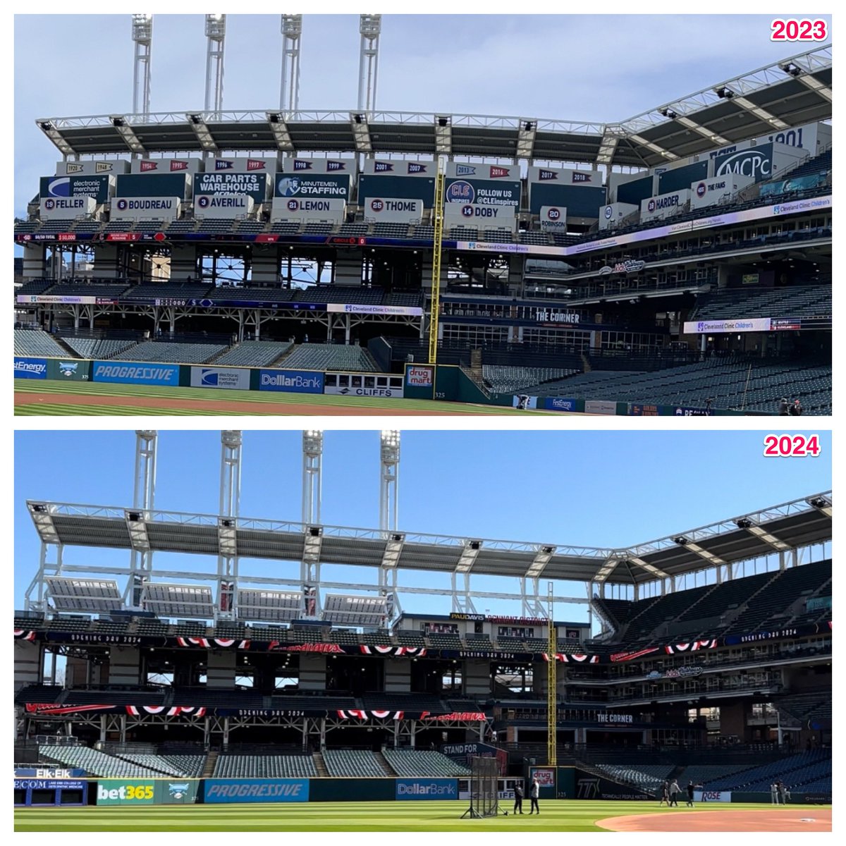 If you haven’t seen the difference in the right field upper deck of Progressive Field, here you go! Opening Day 2023 vs. 2024 Massive upgrade with Phase 1 of the renovation complete. Bye bye shipping containers! #Guardians actually added seats in the RF corner. @fox8news