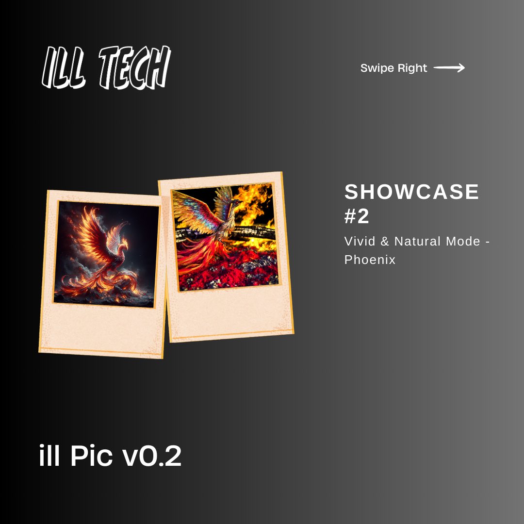 illtechnology's tweet image. Here’s another showcase of this week’s tech drop: ill Pic v0.2 

This one shows the differences in vivid and natural pictures using a phoenix prompt.

Check out our last post for more info on this latest feature drop!

#freetech #digitalart #arttech