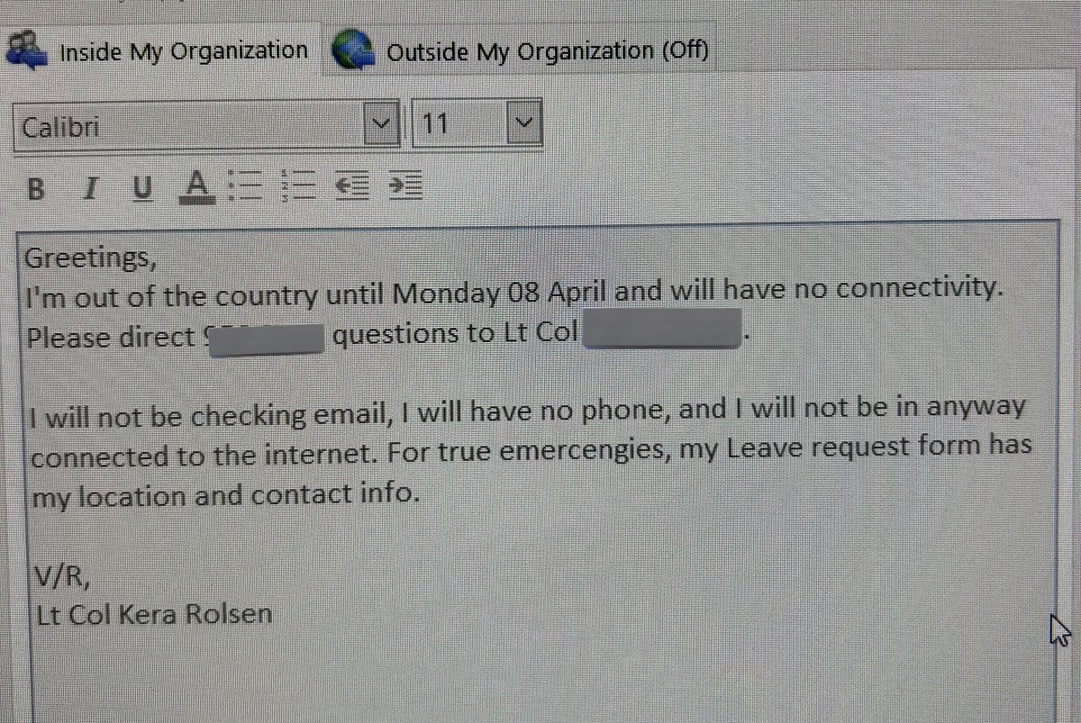 After 20 years on AD, I’ve started going hard on my OoO notes. Seems to work because I know Outlook previews the note if you try to email me, only had 57 after being gone for a week 😎 Don’t call me, I won’t pick up